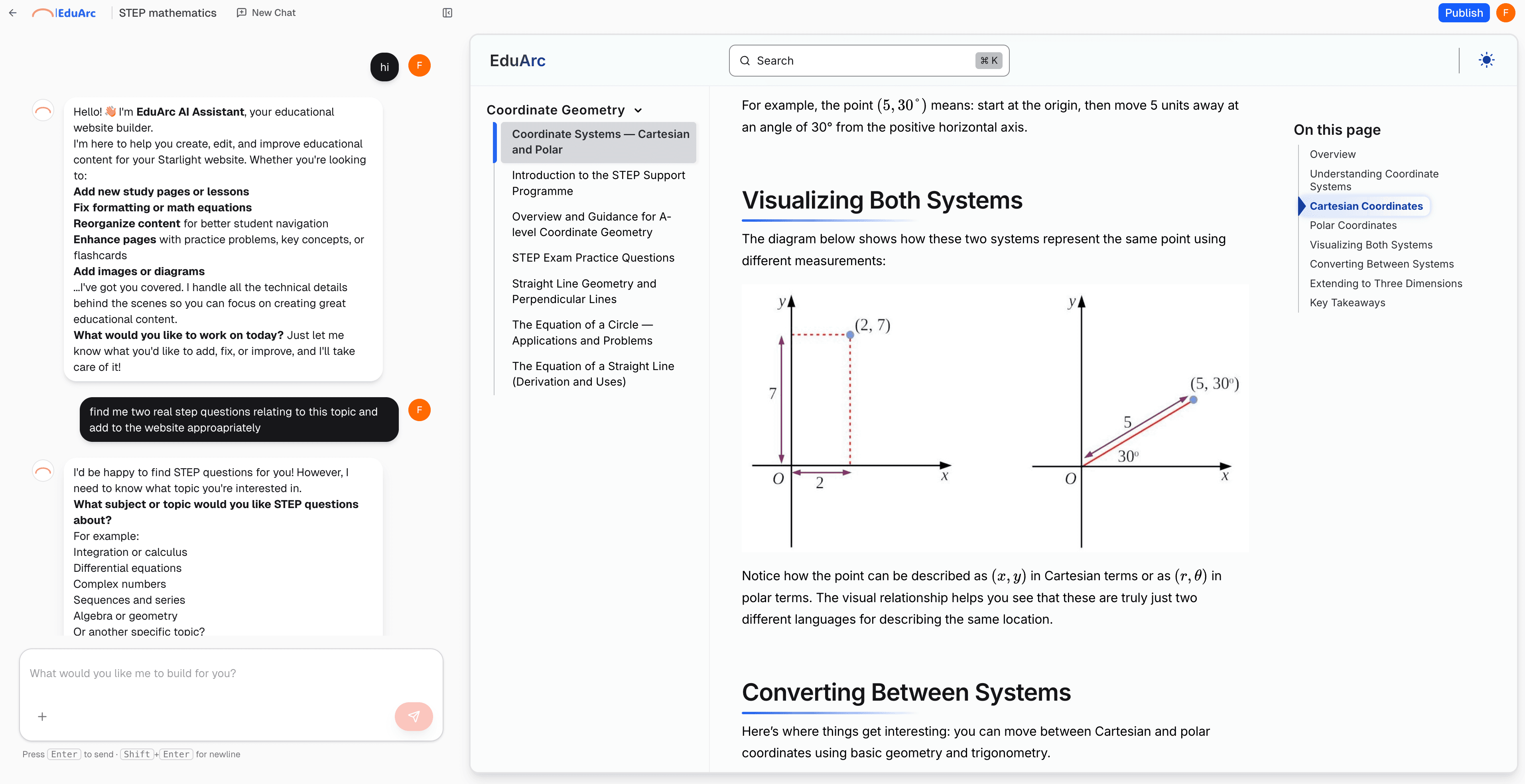 EduArc platform showing chat interface and live site preview